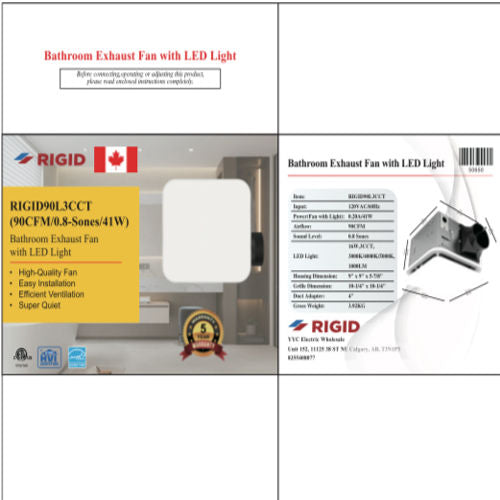 RIGID Bath Fan 90CFM With LED Light 3CCT 3K-5K (RIGID90L3CCT) (50650)