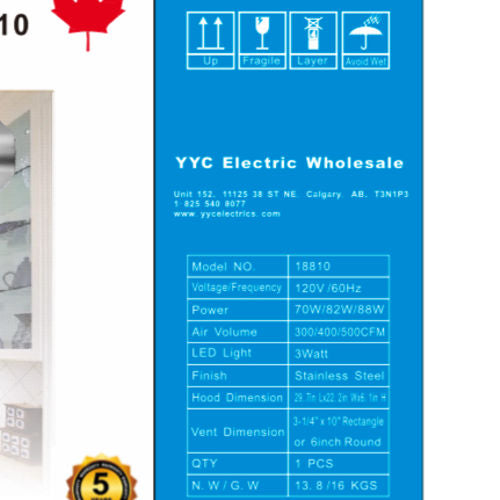 Range Hood, 3-Speed w/ buttons, 300/400/500 CFM Round Vent (LYD-18810) (50063)