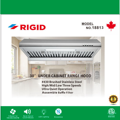 RIGID Range Hood Stainless Steel, 3- Speed 100/200/350, Rectangle or 6" Round Vent (LYD-18813) (50780)