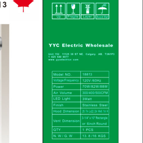 RIGID Range Hood Stainless Steel, 3- Speed 100/200/350, Rectangle or 6" Round Vent (LYD-18813) (50780)
